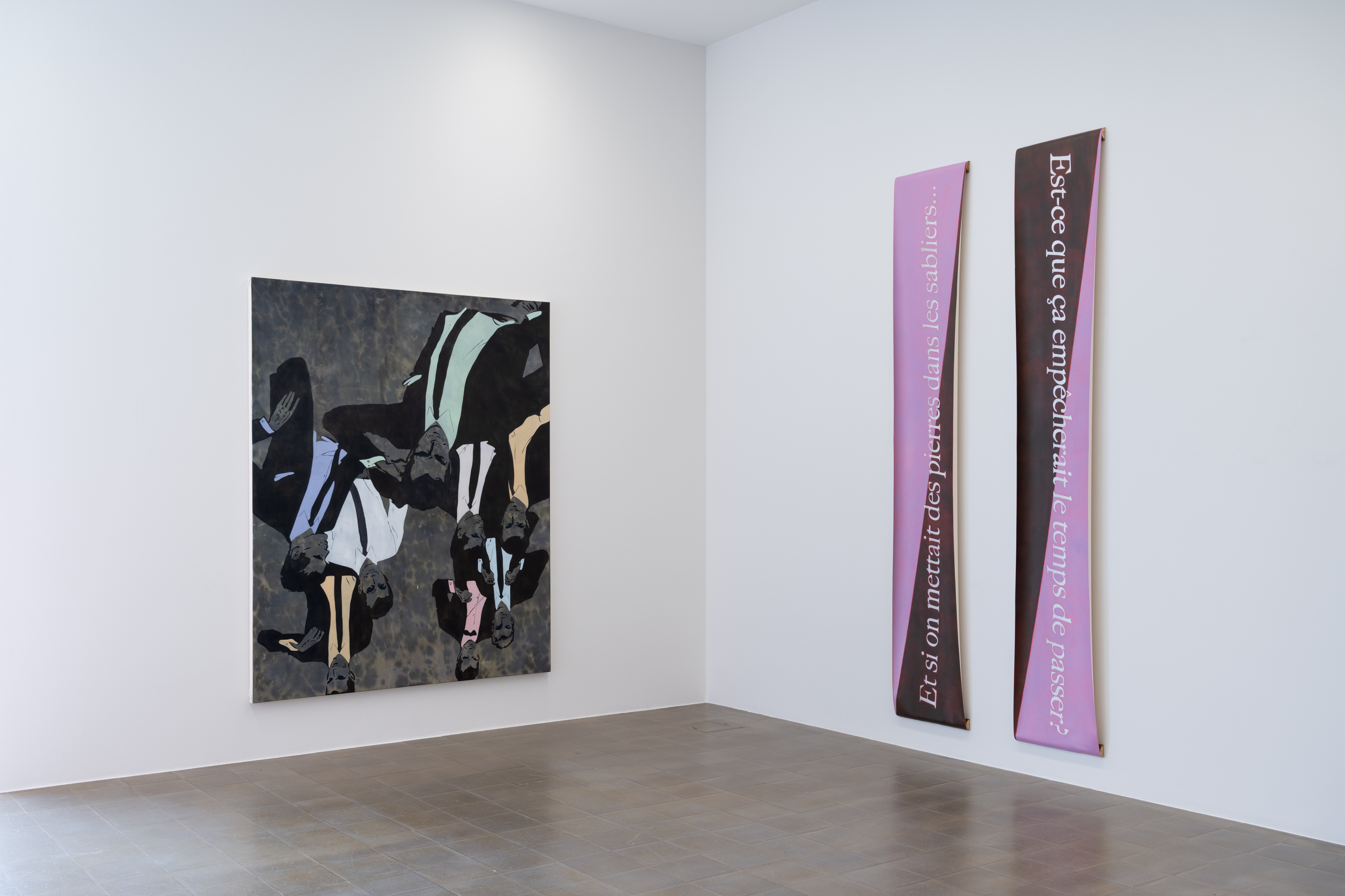 Camille Lütjens, *Raining Men*, 2026. Oil and ink on canvas, 220 × 180 cm; *Et si on mettait des pierres dans les sabliers... Est-ce que ça empêcherait le temps de passer?*, 2026. Oil on unstretched canvas, wood, 300 × 50 cm each. Photo: Finn Curry.