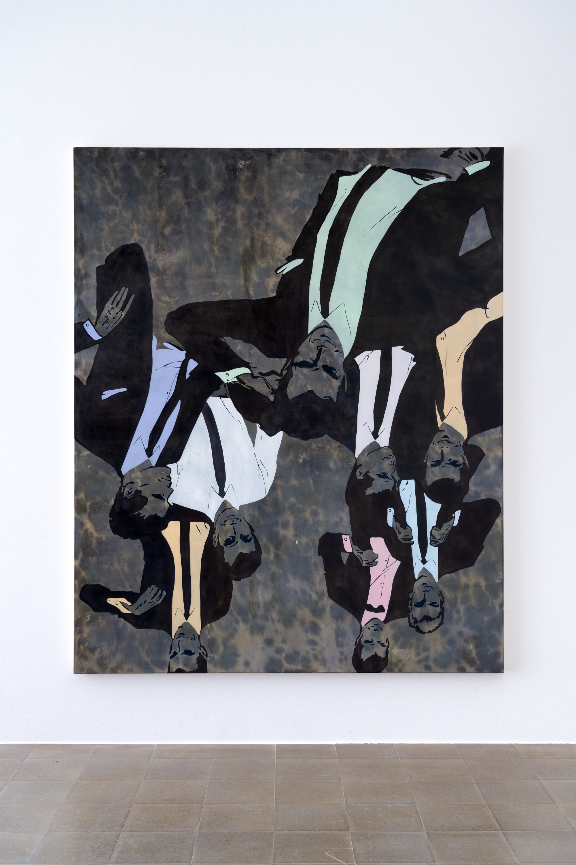 Camille Lütjens, *Raining Men*, 2026. Oil and ink on canvas, 220 × 180 cm. Photo: Finn Curry.