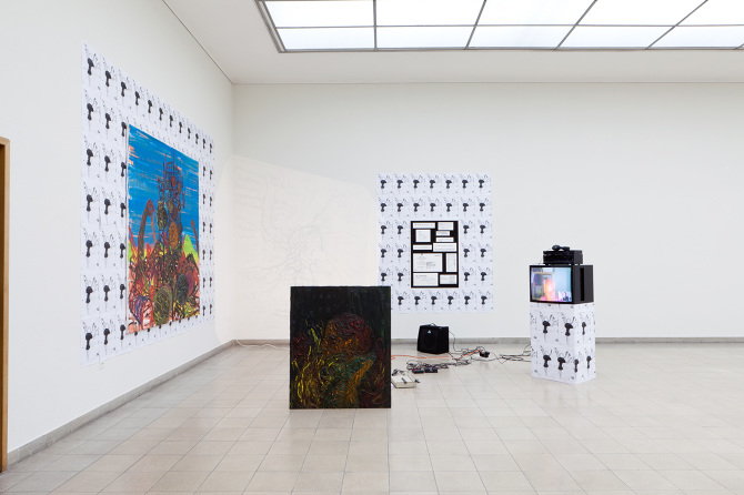 Swiss Atom Love Part 3, 2017 (Zweisimmen Nato Blues, 2017 Öl auf Leinwand, 220 x 200 cm; PScherrer, 2016 Öl auf Leinwand 120 x 110 cm; Declassified, 2017 Ultrachrome3-Tinte auf Papier 120 x 90 cm)