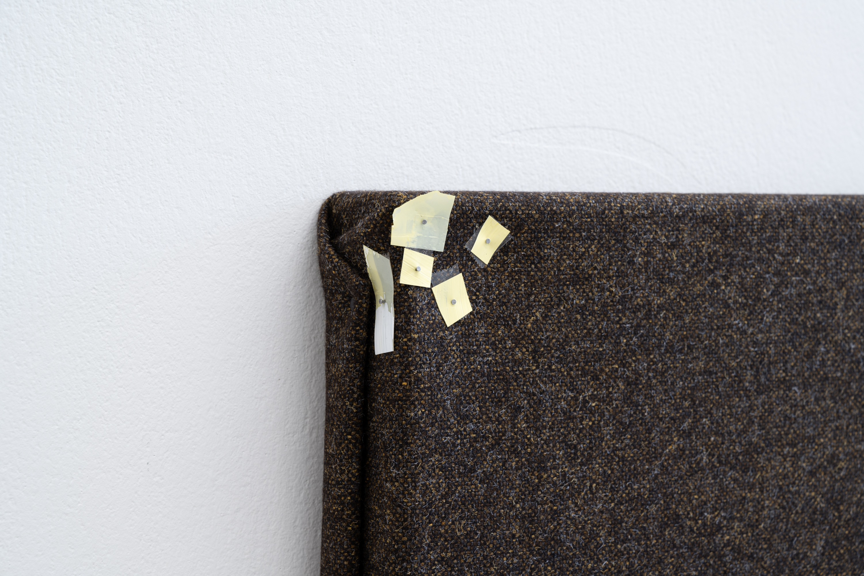 Isabelle Morton, *Linger* (working title) (detail), 2025/26. Wood, cotton, nails, acrylic and spray paint on plastic foil, tape, 35 × 162 × 6 cm. Photo: Finn Curry.