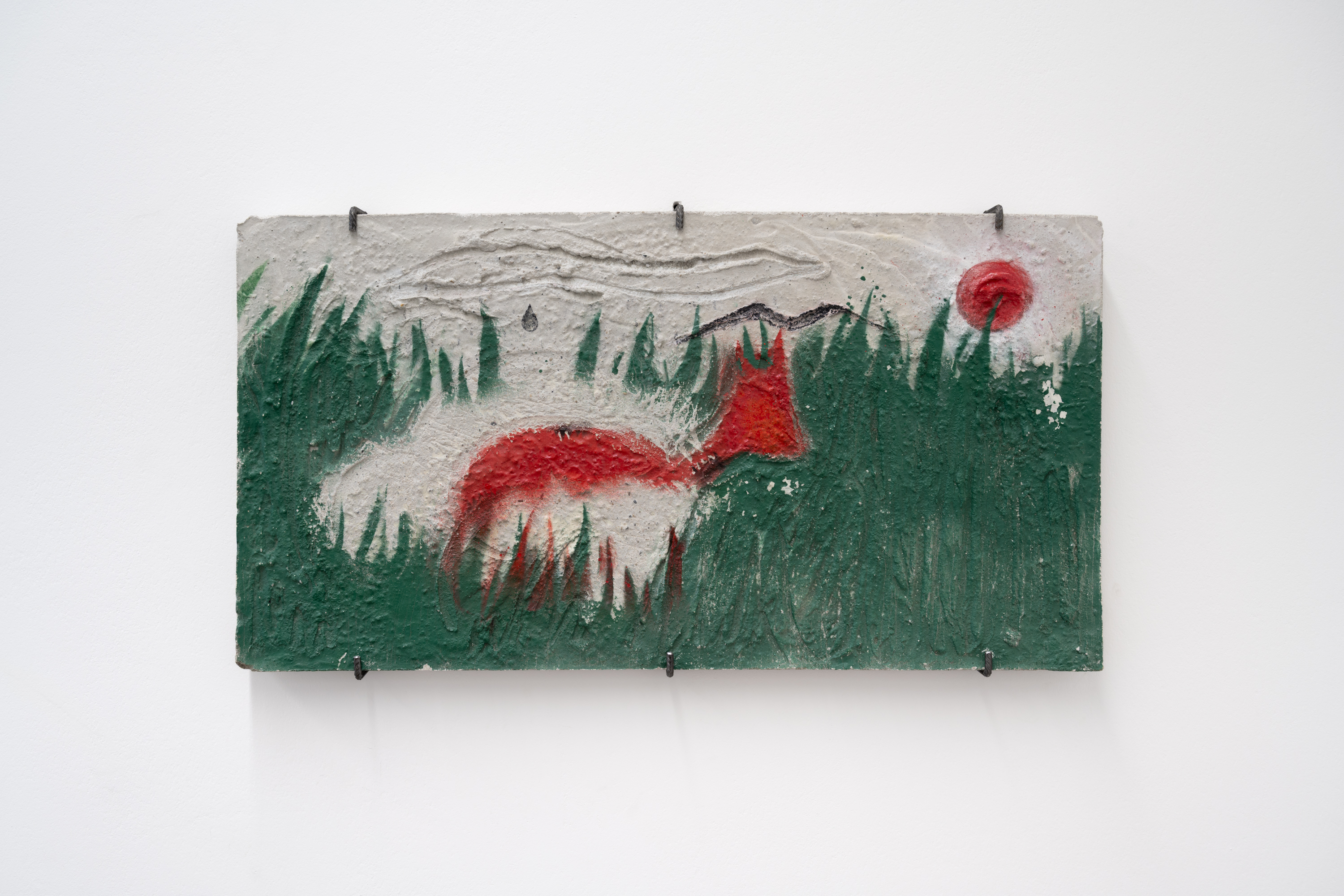 Reema Nubani, shamal, 2026. Spray paint on Cement, sand, aggregates, water, steel rods as screws, 53 × 100 × 6 cm. Photo: Finn Curry.