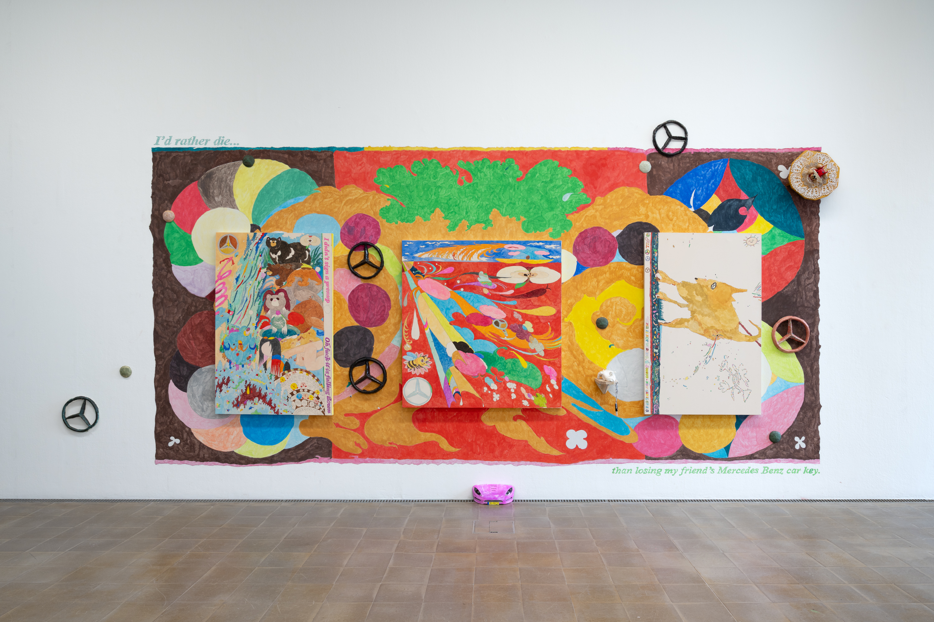 Rondi Park, *the very first ever woman (who was a bear before) who probably is my great something mother, had to bear harsh diet of garlic and mugwort for 100days just for her future offspring to jump in the river, risking their life for what?*, 2025; *It was an ordinary summer day by the river. The sun was dropping, everything turned blue. Light stretched itself thin. My hand felt empty. I was looking at the car key dragging itself down to the water, to the river. ‘I’d rather die than lose my friend’s Mercedes Benz car key. I’d rather die than give up the current life given to me.’*, 2025; *shit happens sometimes :)*, 2025; *we all trapped!*, 2025; *Falling dooooown!,* 2025. Dimension variable. Photo: Finn Curry.