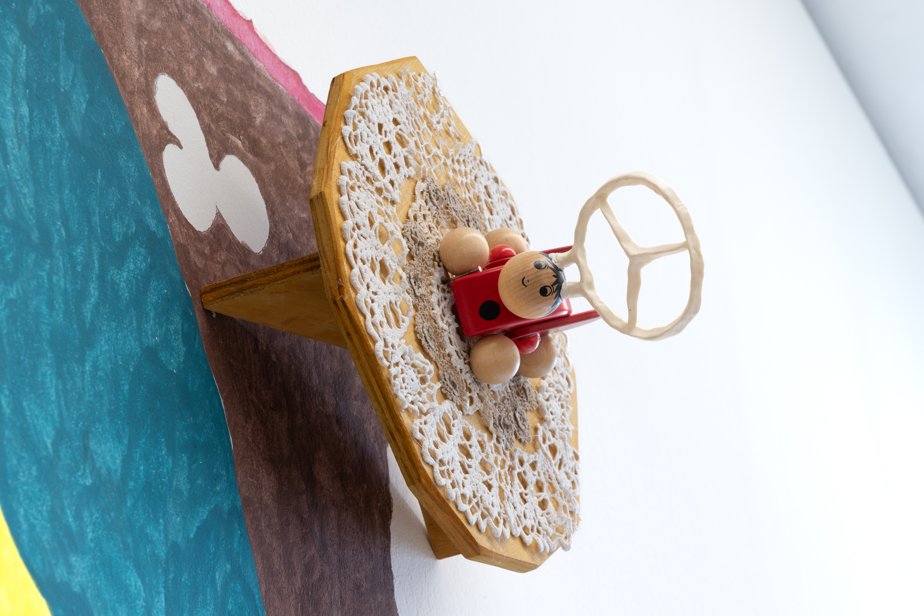 Rondi Park, *we all trapped!*, 2025. Doilies, wood, polymer clay, 30 × 40 × 30 cm. Photo: Finn Curry.